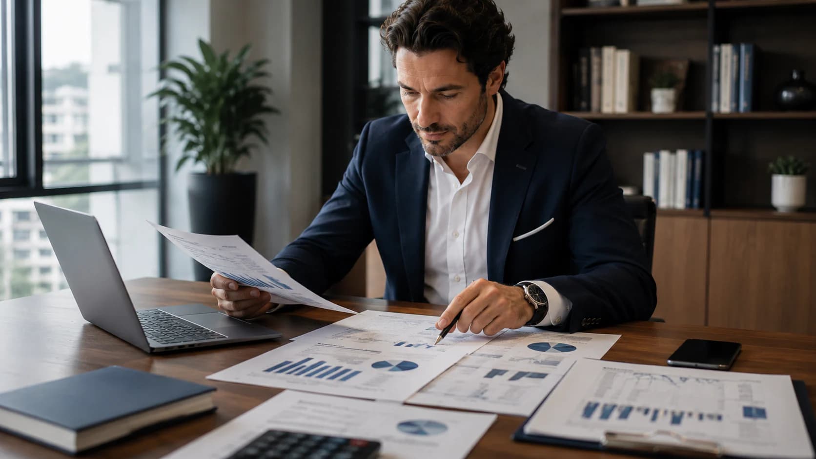 Professionista esamina documenti e proiezioni di un business plan