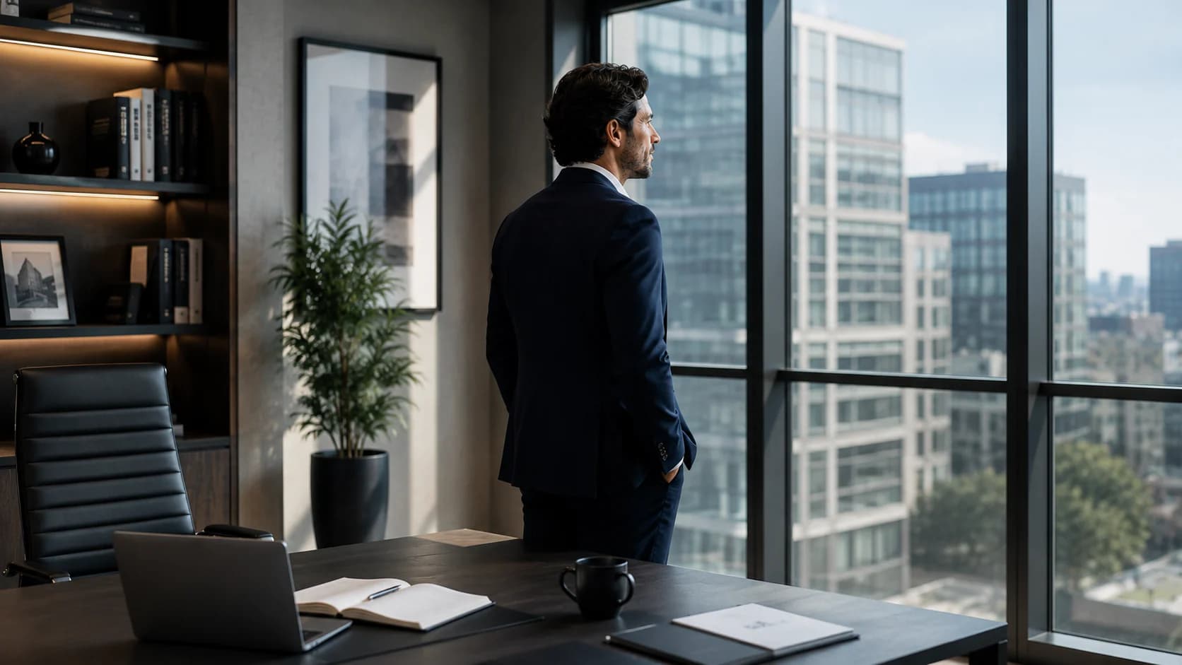 Professionista osserva la città da un ufficio direzionale